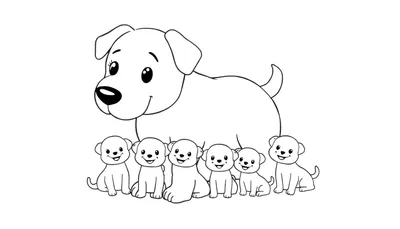 Kleurplaat van een vrolijke moederhond die lacht, met zes kleine, blije puppy's die netjes in een rij voor haar zitten.