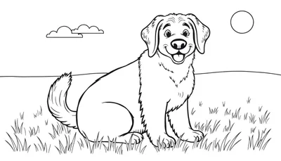 Een zwart-wit lijntekening van een vrolijke zittende hond, lijkend op een Golden Retriever, met een brede glimlach en tong uit de bek. De hond zit in een grasveld met een horizonlijn op de achtergrond. Twee wolken en een cirkel (zon of maan) zijn in de lucht.