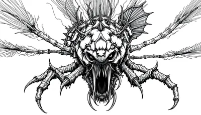 Zwart-wit tekening van een monsterlijk wezen met een gepantserd lichaam, scherpe tanden, insectenpoten en tentakels.