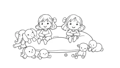 Kleurplaat met twee lachende meisjes die op een zacht kussen zitten, omringd door knuffelolifanten, lammetjes en andere speelgoeddiertjes.