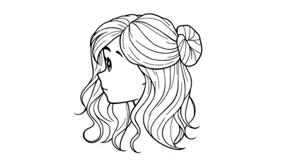 Zwart-wit lijntekening van een anime meisje in profiel met lang, golvend haar deels opgestoken in een knot, en een zachte glimlach.
