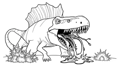 Kleurplaat van een boze dinosaurus met rugvin, opengesperde bek vol tanden en vloeiend materiaal dat uit zijn mond spuit.