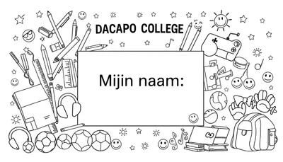 Kleurplaat van Dacapo College met potloden, boeken, gamecontroller, voetballen, muzieknoten en meer, versierd met sterren en smileys.