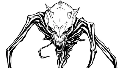 Een zwart-wit lijntekening van een demonisch monster met een schedelachtig hoofd, scherpe hoorns, open mond met gekartelde tanden en veel dunne, pezige ledematen.