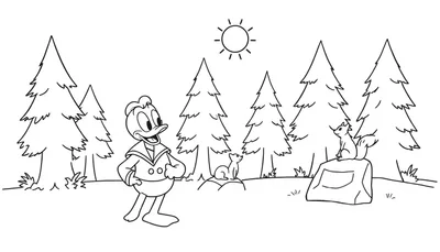 Zwart-wit kleurplaat van Donald Duck in een bos met dennenbomen, twee eekhoorns en de zon.