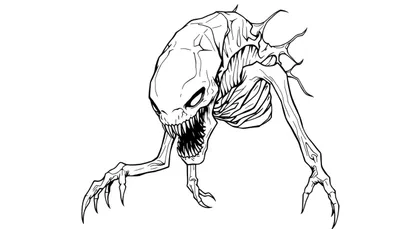 Zwart-wit lijntekening van een dreigend buitenaards wezen met een grote schedelachtige kop, wijd open mond vol scherpe tanden, mager lichaam met ribben en scherpe klauwen.