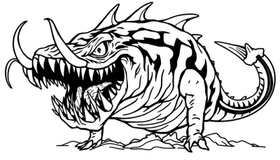Zwart-witte lijntekening van een dreigend monster met grote slagtanden, scherpe tanden en stekels op de rug, staand op rotsachtige grond.