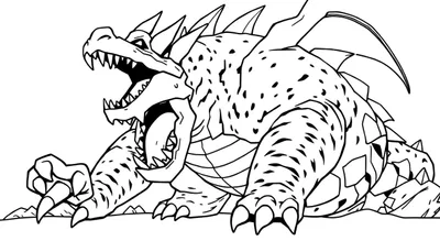Een zwart-wit lijntekening van een dreigend draakachtig monster met open bek, scherpe tanden, stekels en klauwen, klaar om ingekleurd te worden.