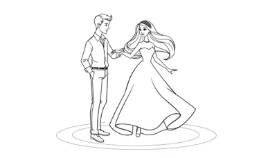 Zwart-wit lijntekening van een man met opgerolde mouwen en een vrouw in een baljurk die elkaars hand vasthouden en naar elkaar lachen.