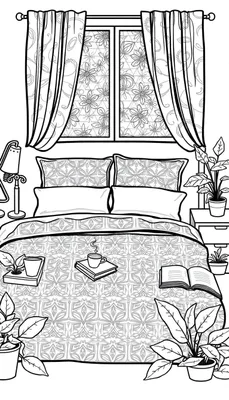 Zwart-wit kleurplaat van een gezellige slaapkamer met een bed, planten, boeken en decoratieve gordijnen.