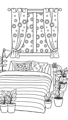 Kleurplaat van een gezellige slaapkamer met een bed, raam met zonnetjes gordijnen en veel potplanten.