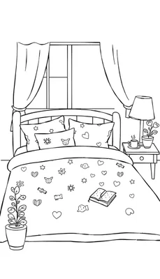 Kleurplaat van een gezellige slaapkamer met een bed, kussens, dekbed, open boek, raam met gordijnen, nachtkastje met lamp, kopje en plantje, en een grote plant op de grond.