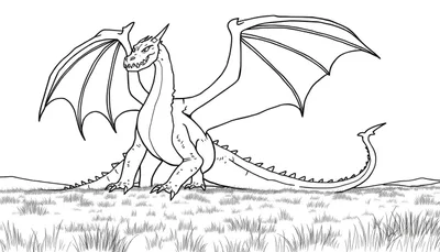 Zwart-wit lijntekening van een staande draak met wijd uitgespreide vleugels, scherpe klauwen, hoorns en een grijns, op een grasveld met een glooiende horizon.