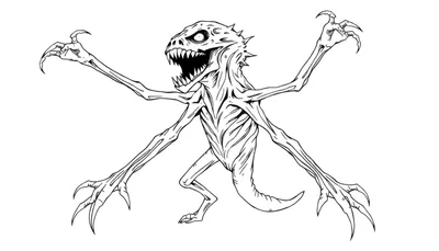 Zwart-wit lijntekening van een griezelig, monsterlijk wezen met een schedelachtig hoofd, vier lange klauwarmen, stekels en een mager lichaam, staand op poten met klauwen.