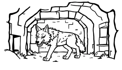 Zwart-wit lijntekening van een wolf met scherpe tanden en een listige blik, die uit een rotsachtige grot stapt.