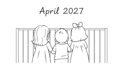 Kleurplaat met de tekst 'April 2027' en drie kinderen die van achteren over een ledikantje kijken.