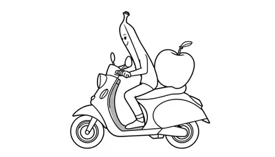 Kleurplaat van een lachende banaan op een scooter met een appel achterop. Zwart-witte lijnillustratie.