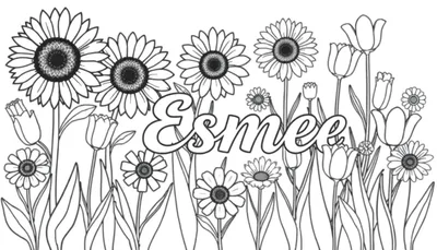 Kleurplaat met een bloemenveld vol met zonnebloemen, tulpen en madeliefjes. De naam Esmee is in sierlijke letters in het midden geschreven.
