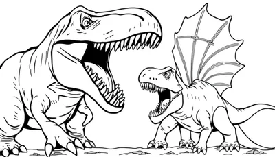 Zwart-wit lijntekening van twee brullende dinosaurussen, een grote T-Rex-achtig en een kleinere met een kam, klaar om ingekleurd te worden.