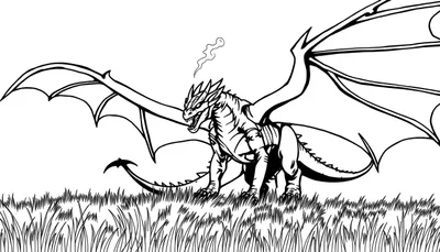 Zwart-wit tekening van een draak met vleermuisvleugels in hoog gras, met een wolkje rook uit zijn bek.