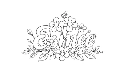 Zwart-wit lijntekening van de naam Esmee in bolle letters, omringd door bloemen en bladeren.