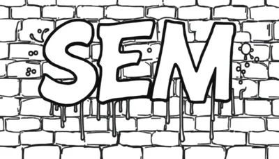 Kleurplaat met de letters SEM in graffiti-stijl op een bakstenen muur, met verfdruppels.