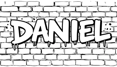 Zwart-wit kleurplaat van de naam DANIEL in graffiti stijl met bubble letters, druppels en verfspetters op een bakstenen muur.
