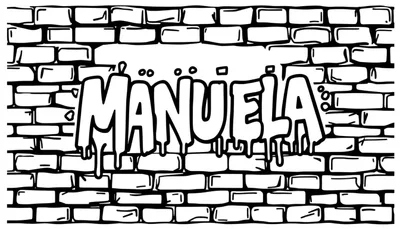 Zwart-wit kleurplaat met de naam 'MANUELA' in dikke, witte graffiti-letters met zwarte contouren, druipende verf en decoratieve stippen en vierkantjes, geplaatst op een bakstenen muur.