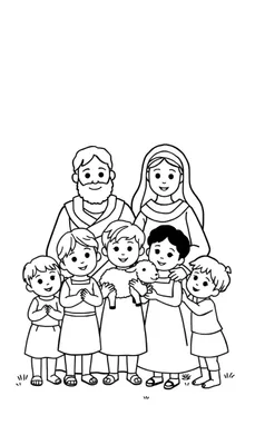 Zwart-wit kleurplaat van een groep van twee volwassenen (Maria en Jozef) en vijf lachende kinderen, waarvan er één een lammetje vasthoudt. Grasjes onderaan.