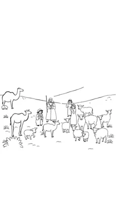 Zwart-wit kleurplaat van een herder met staf, een kind, twee vrouwen, twee kamelen en een kudde schapen en geiten in een glooiend landschap.