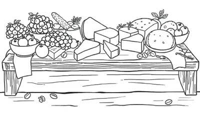 Zwart-wit lijntekening van een houten tafel met een overvloed aan voedsel, waaronder druiven, appels, diverse stukken kaas, brood en noten.