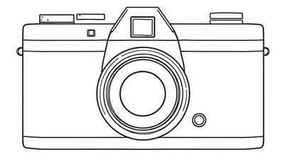 Zwart-witte lijntekening van een klassieke camera in vooraanzicht, met details zoals de lens, zoeker, knoppen en draagogen.