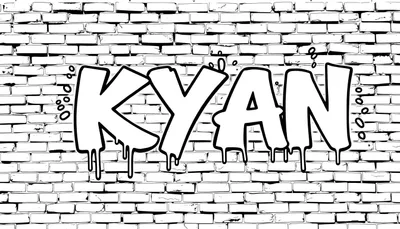 Kleurplaat van een bakstenen muur met 'KYAN' graffiti. Grote witte letters met zwarte omtrek, druppels en bubbels.