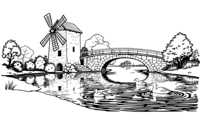 Zwart-wit lijntekening van een landelijk tafereel met een stenen molen, bomen, struiken, een rivier, een stenen boogbrug en zwemmende eenden.