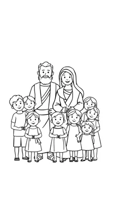 Zwart-wit lijntekening van een man met baard en een vrouw met hoofdbedekking, omringd door zeven lachende kinderen, in een scène die warmte en gemeenschap uitstraalt.
