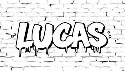 Kleurplaat van de naam 'LUCAS' in graffiti stijl met dikke, 3D letters, schaduwen, druipende verf en een bakstenen muur op de achtergrond.