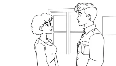Kleurplaat van een lachende vrouw met krullend haar links en een man met een jasje rechts, staand voor een raam met vakken. Zwart-wit lijntekening.