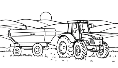 Zwart-wit tekening van een moderne tractor met een grote Case aanhanger, rijdend in een open veld met gras op de voorgrond, glooiende heuvels en een ronde zon op de achtergrond.