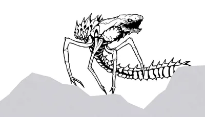 Zwart-wit illustratie van een monsterlijk wezen met stekels, reptielachtige kop, scherpe tanden en acht poten op rotsen.