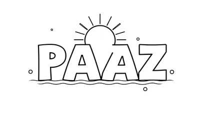 Zwart-wit lijntekening van het woord PAAZ met een gestileerde zon boven en golvend water onder, omringd door bubbels.
