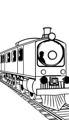 Zwart-witte lijntekening van een passagierstrein die schuin wegrijdt, met silhouetten van mensen in de ramen.