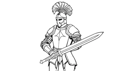 Zwart-wit lijntekening van een gepantserde ridder met een groot zwaard, klaar om ingekleurd te worden.