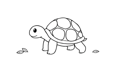 Kleurplaat van een vriendelijke, glimlachende schildpad met vier poten en een gesegmenteerd schild, kijkend naar links, met enkele blaadjes op de grond.
