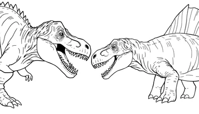 Zwart-wit lijntekening van een T-Rex en een Spinosaurus die elkaar uitdagen met open bekken, als kleurplaat.