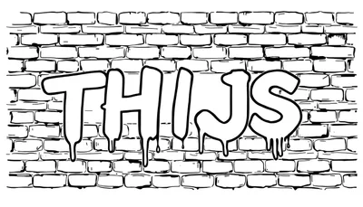 Zwart-wit kleurplaat van de naam THIJS in graffiti stijl, met druipende verf, op een bakstenen muur.