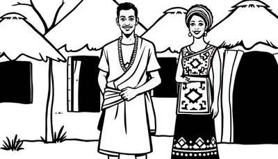 Zwart-wit kleurplaat van een lachende man met snor en baardje en een lachende vrouw met hoofddoek en grote oorringen, staand voor traditionele hutten met rieten daken. De vrouw draagt een rok met geometrische patronen.