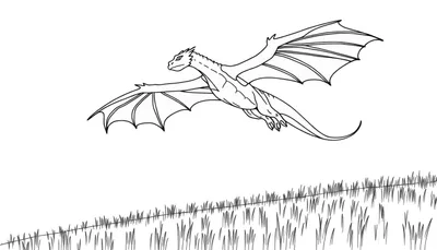 Kleurplaat van een zwarte lijntekening van een vliegende draak met grote vleugels en een lange staart boven een grasveld.