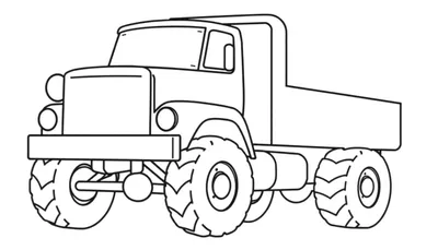 Zwart-wit lijntekening van een robuuste vrachtwagen met open laadbak.