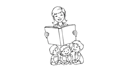 Kleurplaat van een vrouw die met gesloten ogen en een brede lach een boek voorleest aan drie op de grond zittende kinderen.