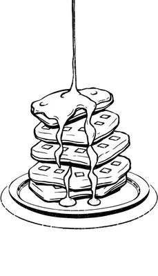 Zwart-witte cartoontekening van een stapel wafels op een bord met siroop die naar beneden druipt.